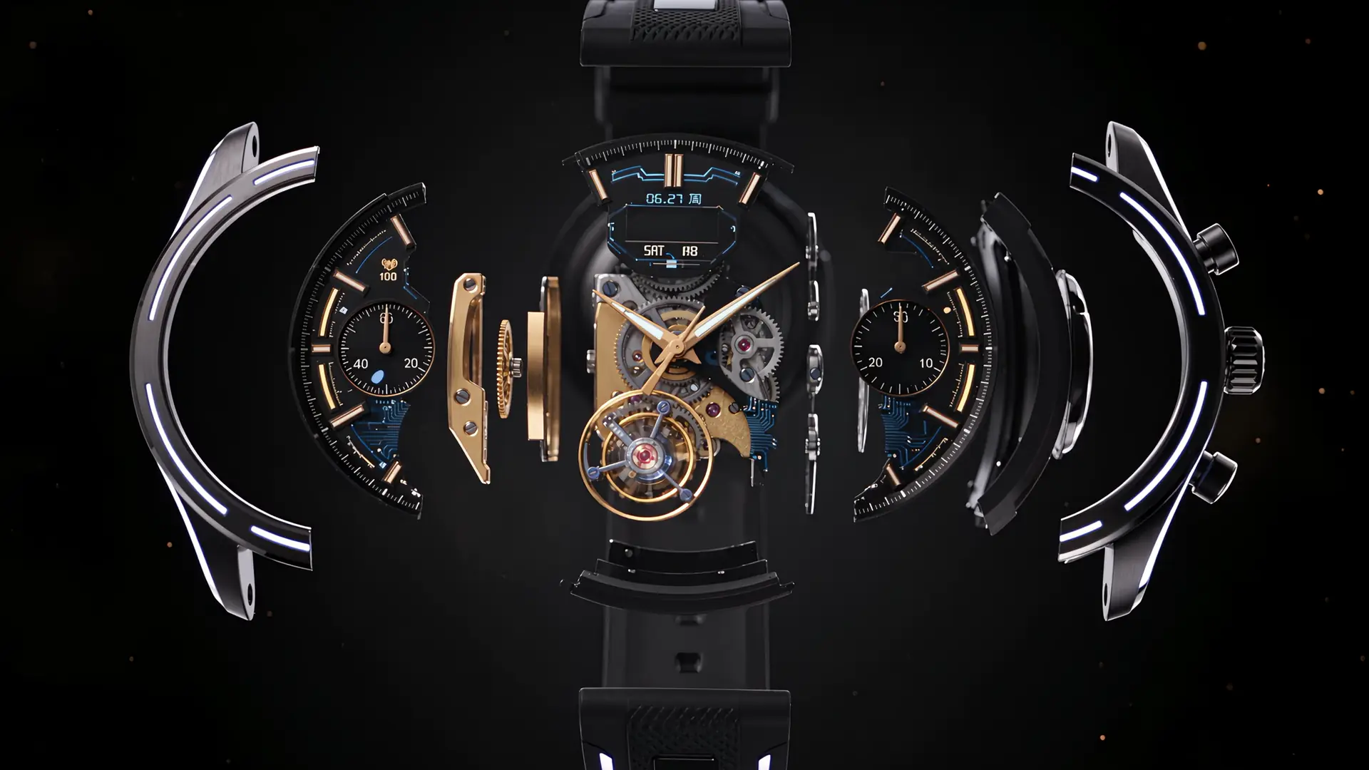 The Eclipse taken apart in the air: case halves, dial, gears, bridges and the tourbillon cage.