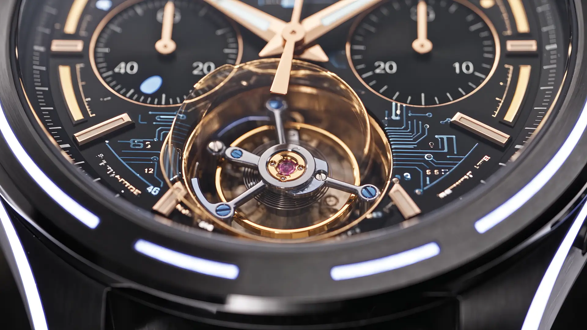 Close on the dial: gold hands and the tourbillon cage under sapphire.
