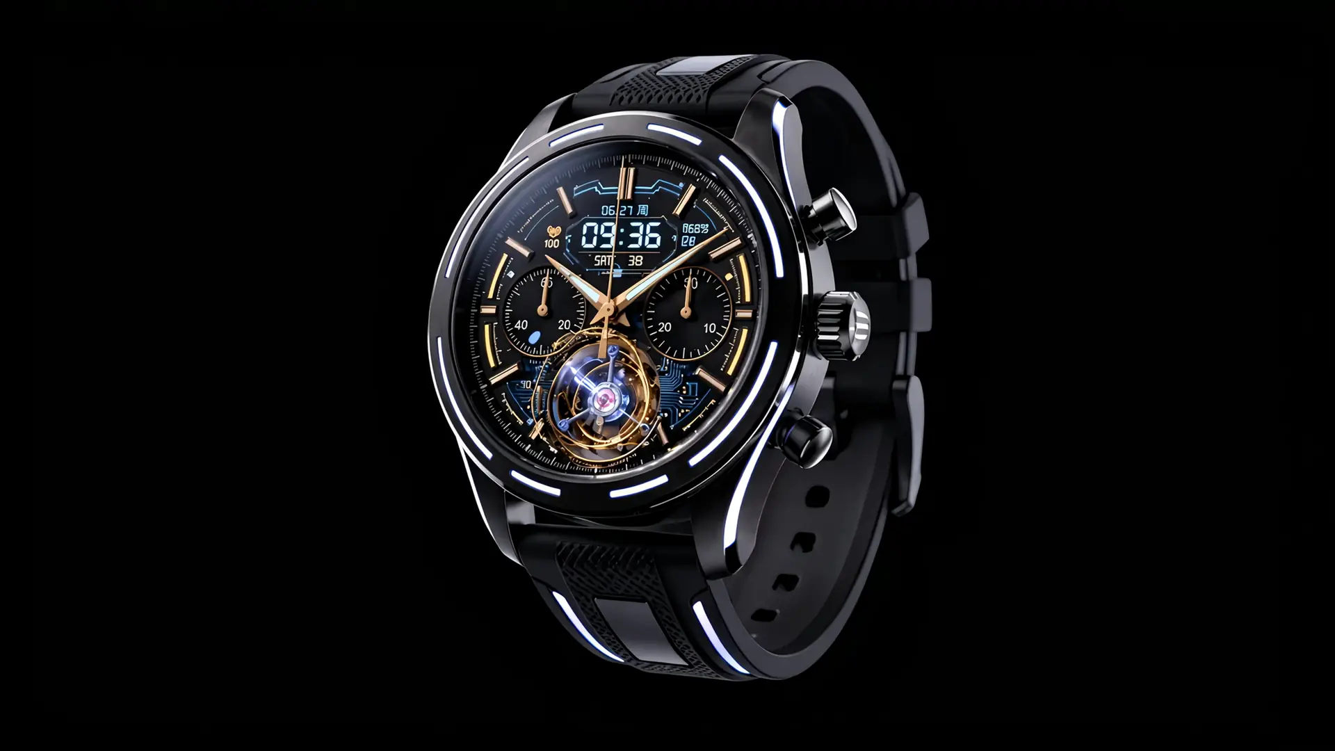 The Eclipse watch: black titanium case, ice-white light bars, gold hands and an open tourbillon at six o'clock.